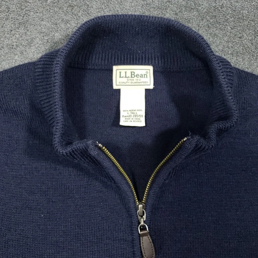 LL Bean‎ Quarter Zip Sweater Mens L Tall Navy Blue 100% Merino Wool 285159